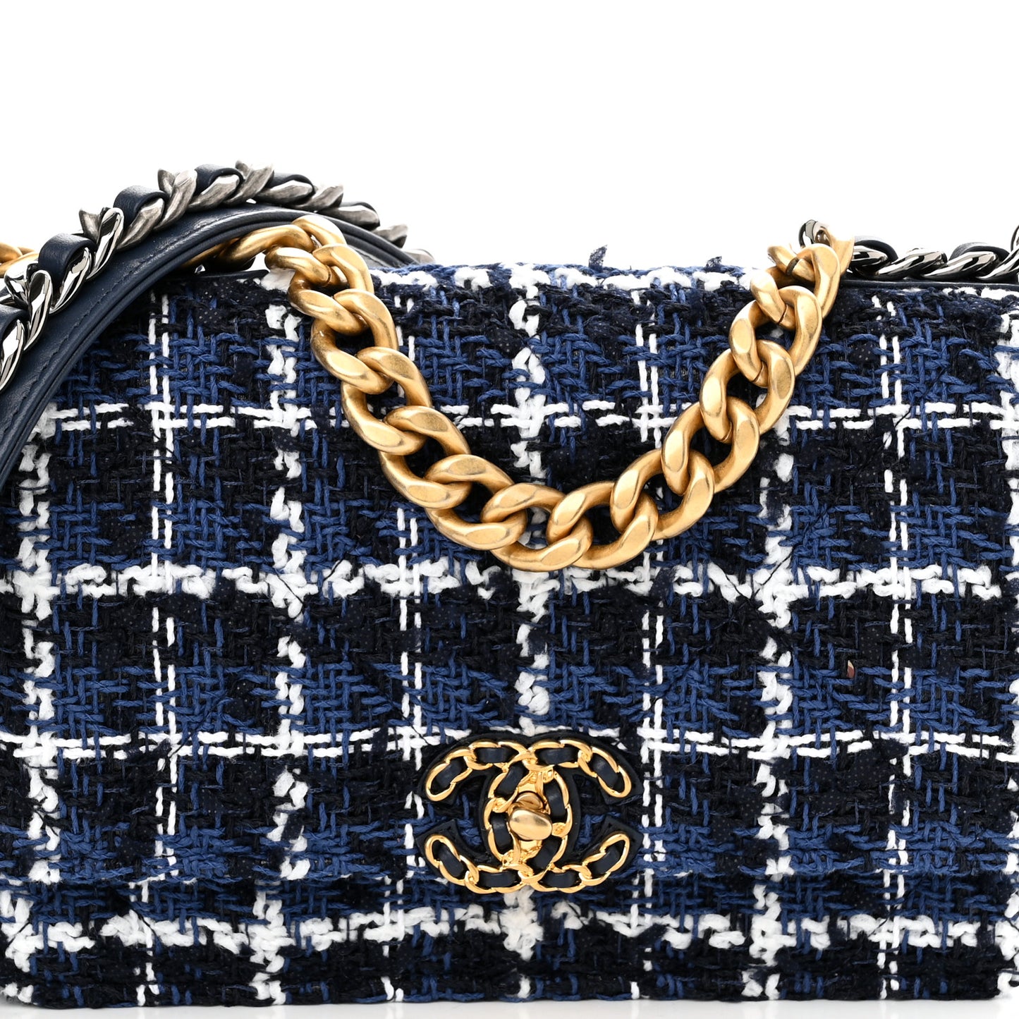 Tweed Quilted Chanel 19 Wallet On Chain WOC Blue White Navy Blue