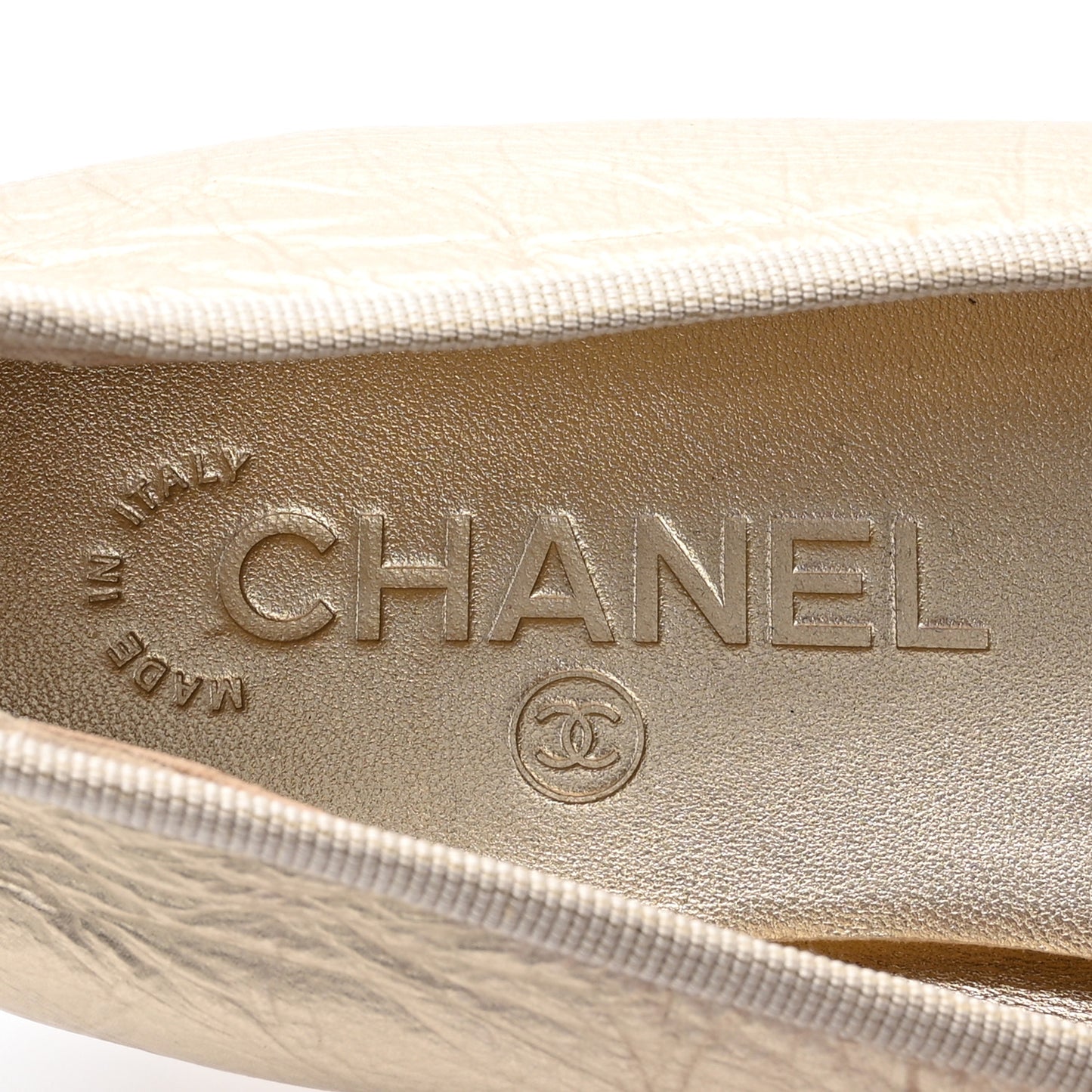 Metallic Laminated Lambskin Grosgrain CC Cap Toe Ballerina Flats 39 Light Gold Black