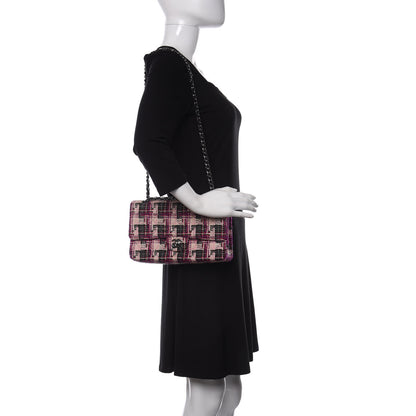Chanel Tweed Quilted Medium Double Flap Pink Black 2 of 11