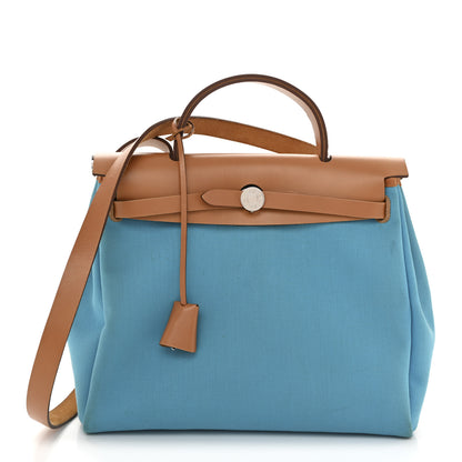 Hermes Military Toile Vache Hunter Herbag Zip Retourne 31 PM Bleu Azteque Menthe Natural 1 of 13
