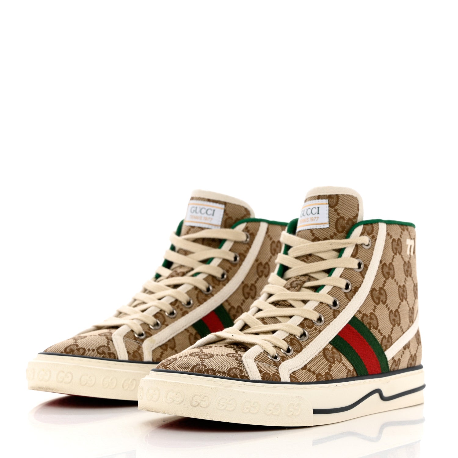 Gucci GG Monogram Web Womens 1977 Tennis High Top Sneakers 37.5 Beige Ebony Mystic White 3 of 11