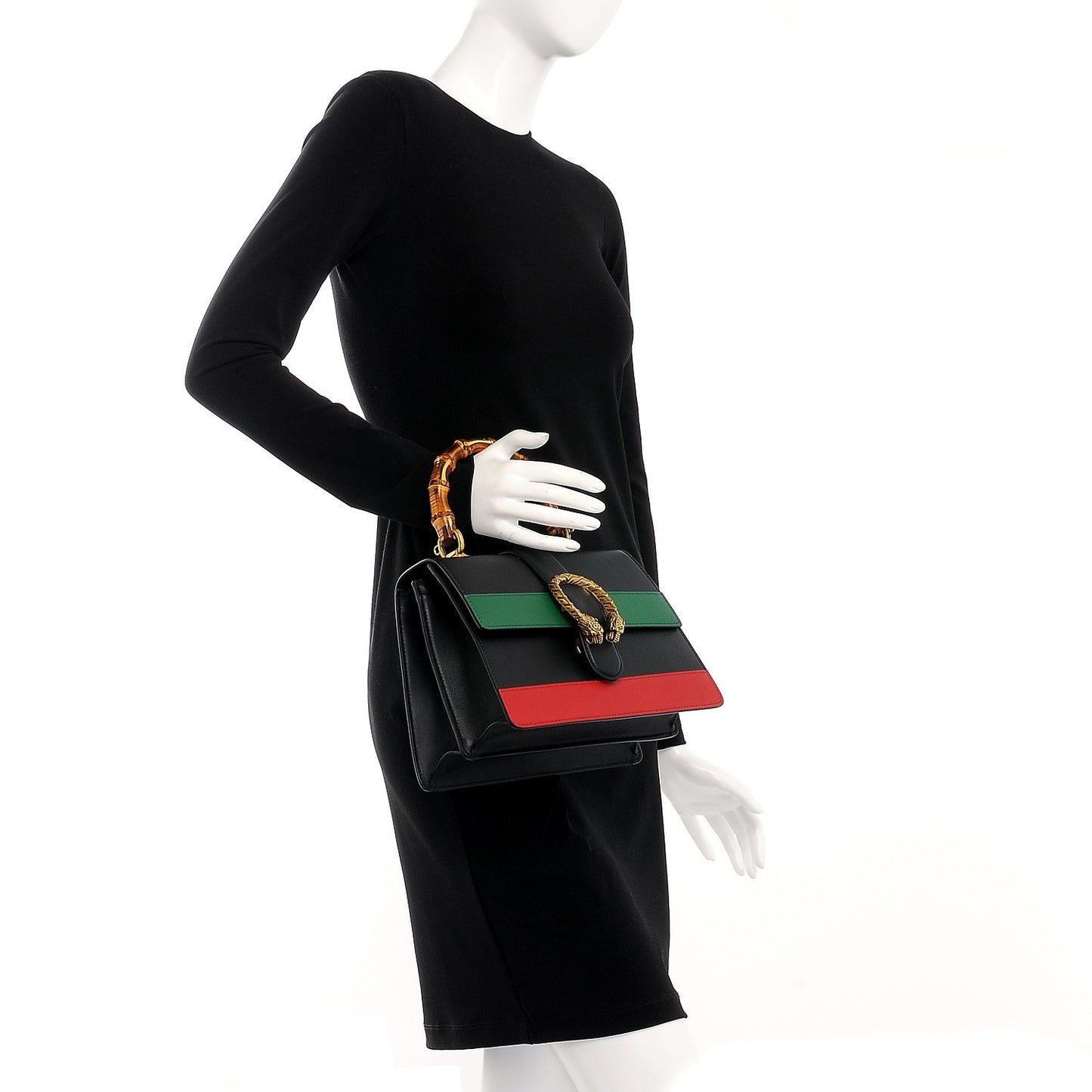 Moon Calfskin Web Medium Dionysus Bamboo Top Handle Bag Black Bright Evergreen Hibiscus Red