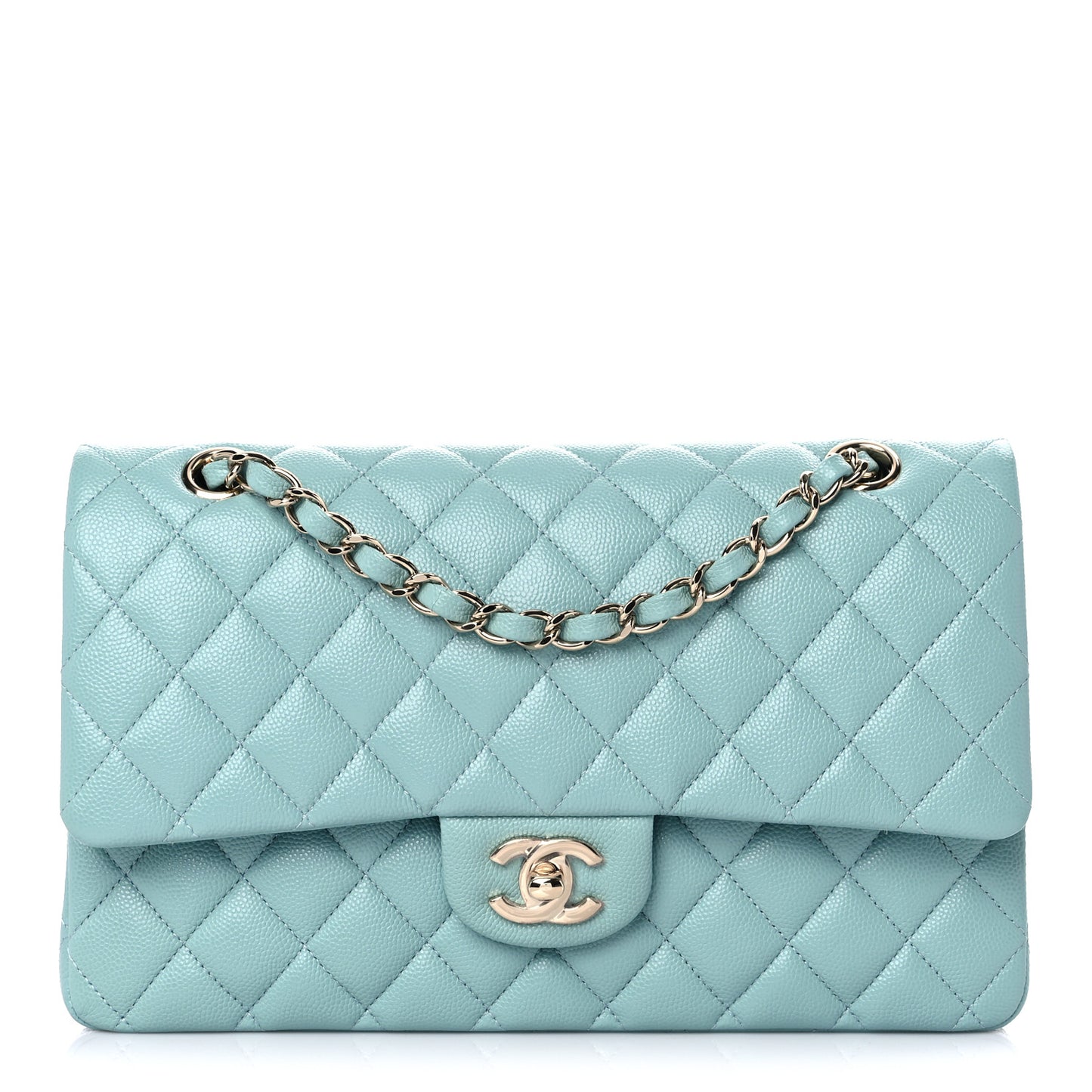 Caviar Quilted Medium Double Flap Light Blue