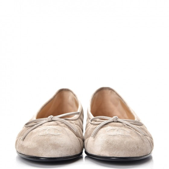 Chanel Suede Quilted Cap Toe CC Ballerina Flats 39 Dark Beige 2 of 10