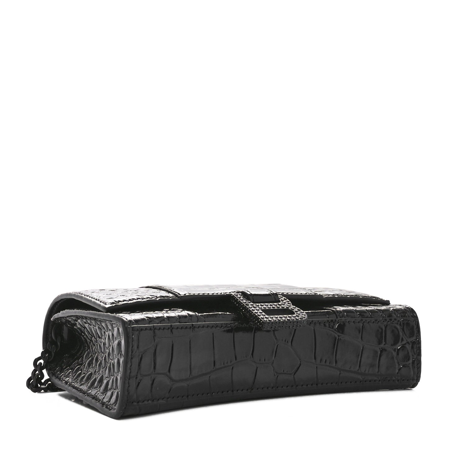 Shiny Calfskin Strass Monochrome Crocodile Embossed Hourglass Chain Bag Black