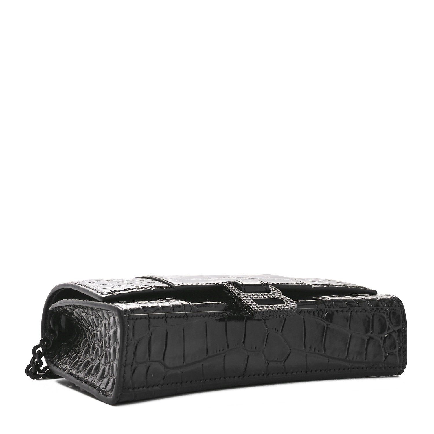 Balenciaga Shiny Calfskin Strass Monochrome Crocodile Embossed Hourglass Chain Bag Black 4 of 9