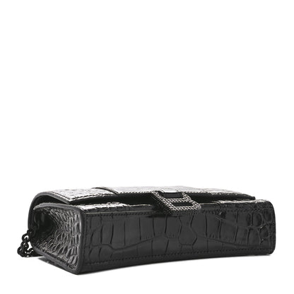 Balenciaga Shiny Calfskin Strass Monochrome Crocodile Embossed Hourglass Chain Bag Black 4 of 9