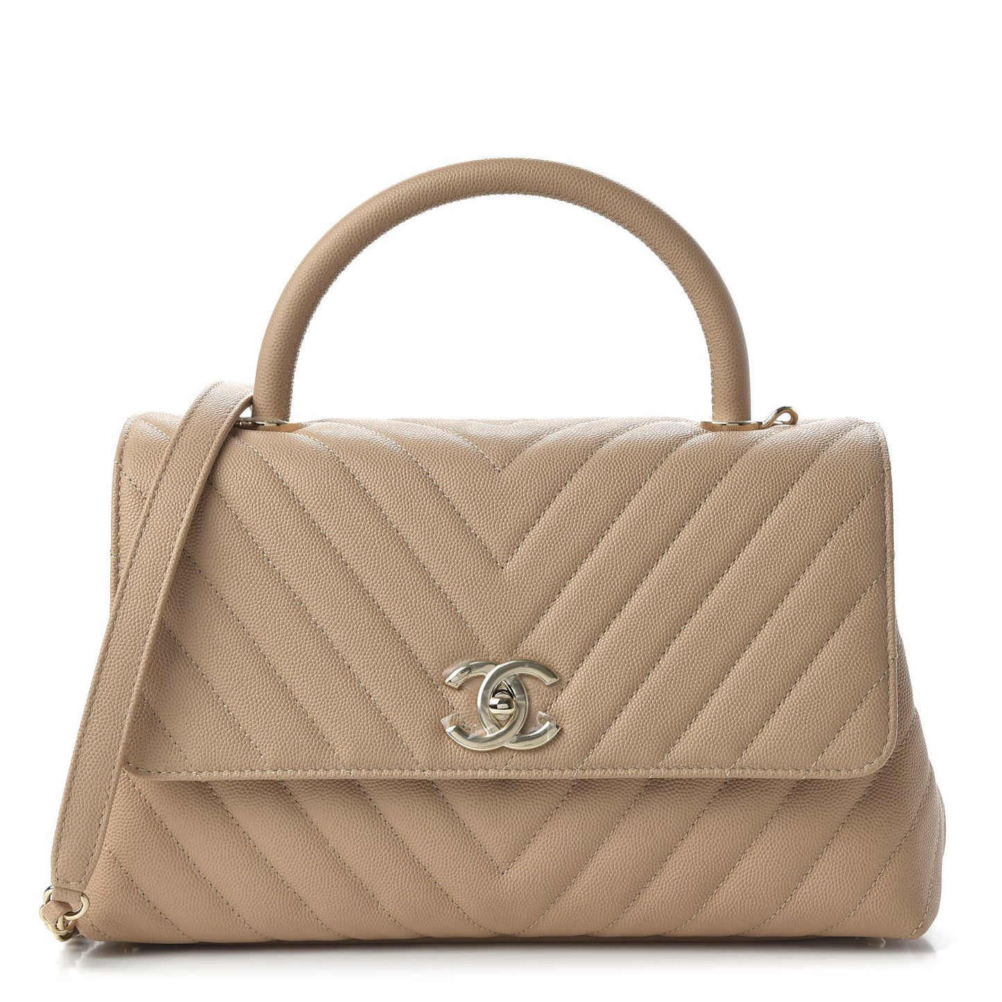 Caviar Chevron Quilted Small Coco Handle Flap Beige