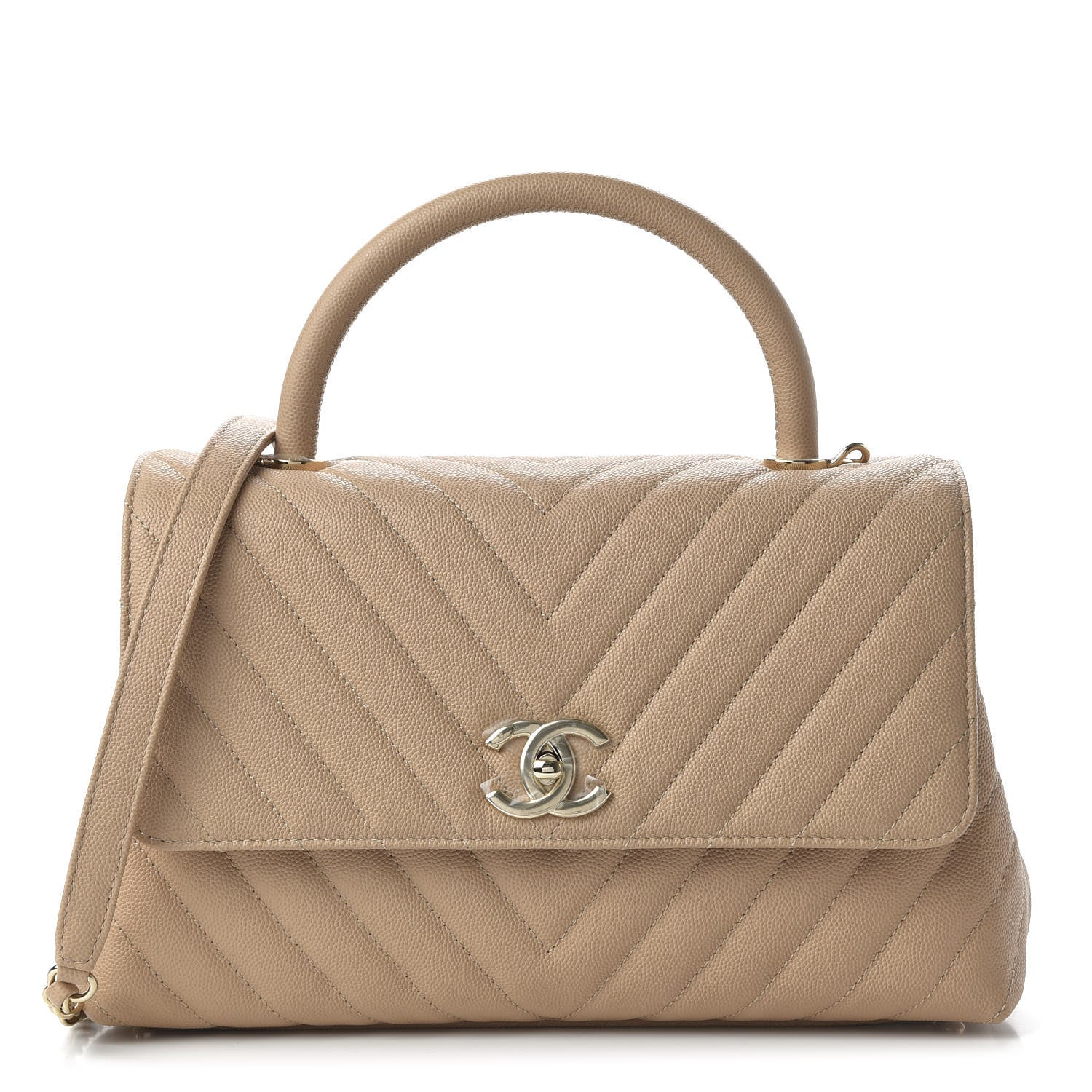 Chanel Caviar Chevron Quilted Small Coco Handle Flap Beige 1 of 11