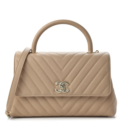 Chanel Caviar Chevron Quilted Small Coco Handle Flap Beige 1 of 11