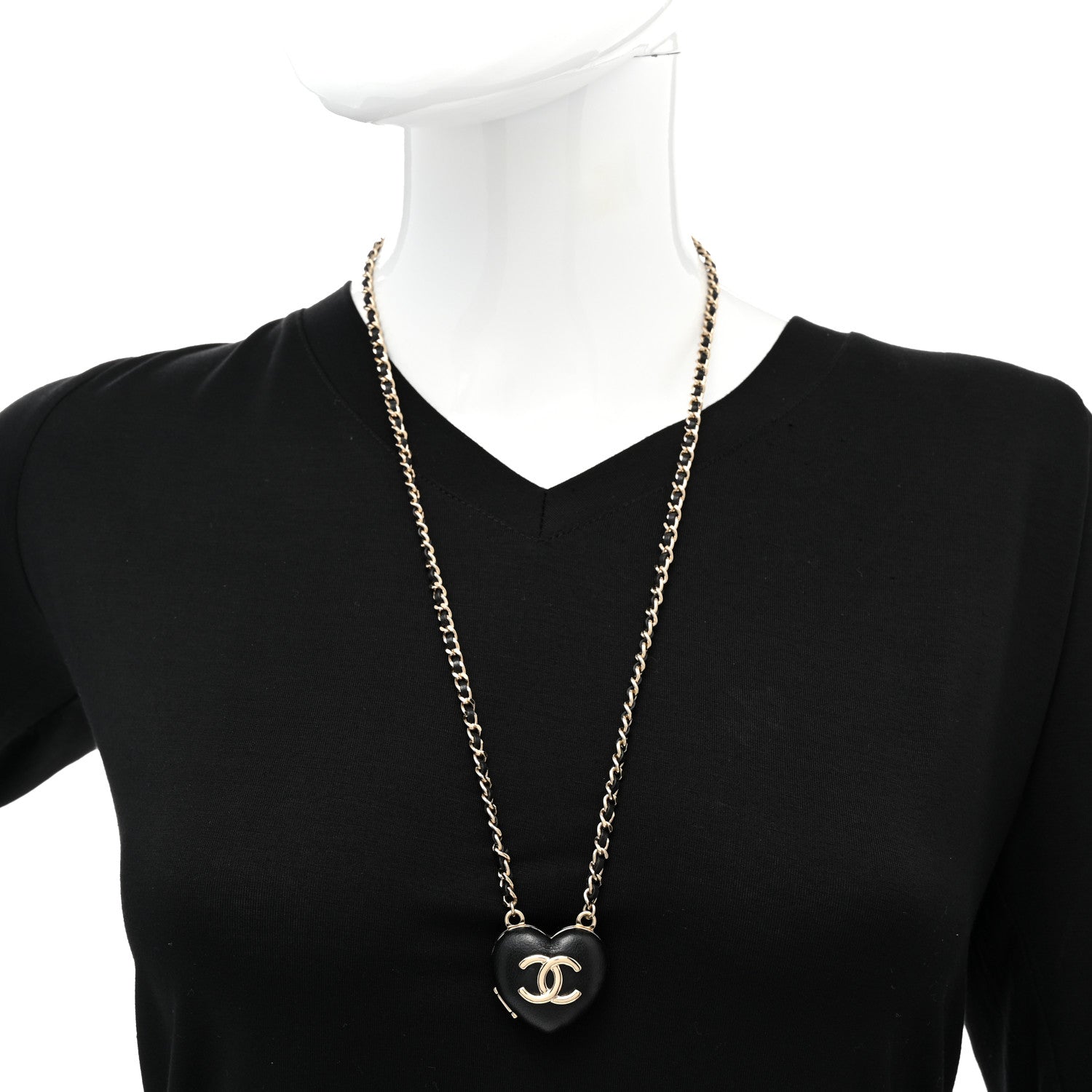 Chanel Lambskin CC Heart Mirror Locket Necklace Gold Black 2 of 7