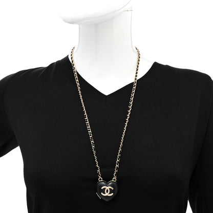 Chanel Lambskin CC Heart Mirror Locket Necklace Gold Black 2 of 7