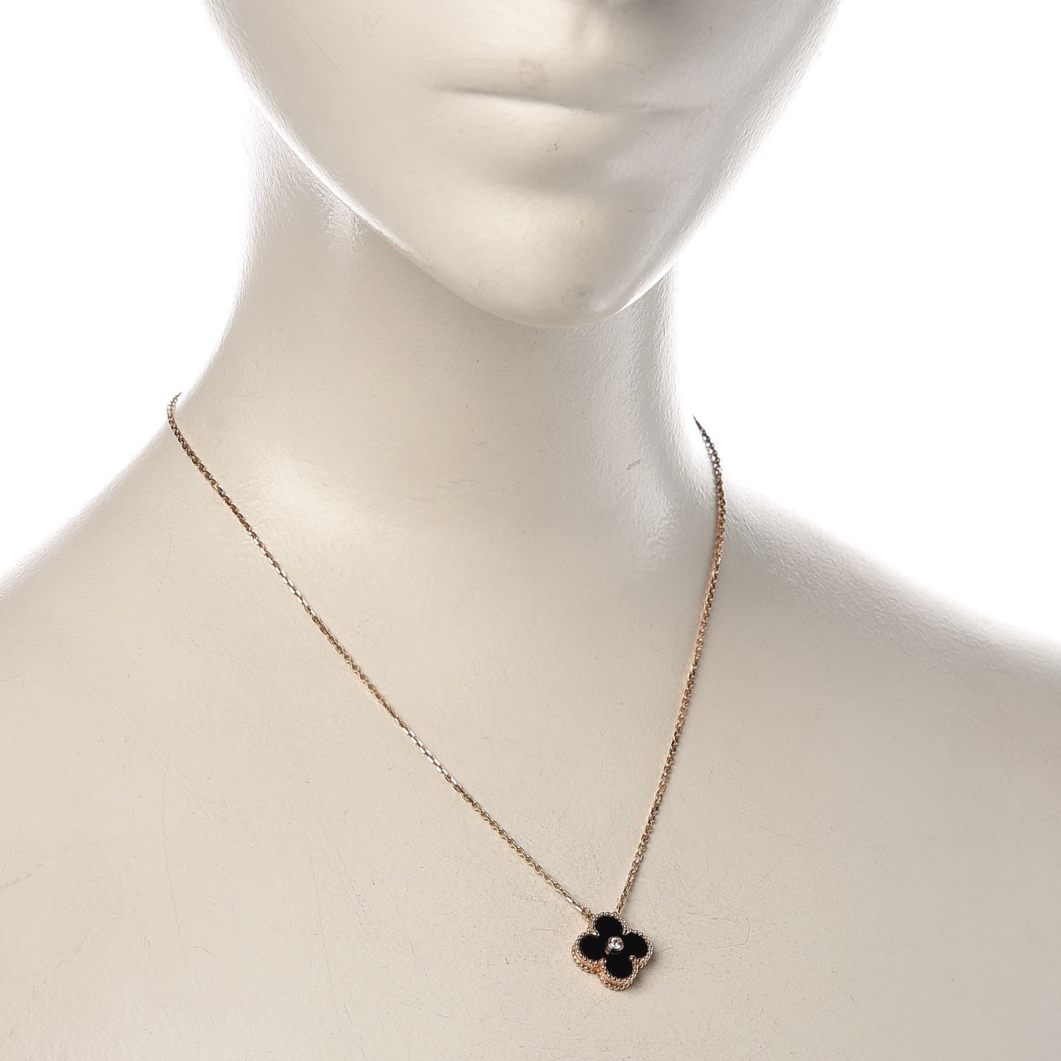 Van Cleef & Arpels 18K Rose Gold Diamond Black Onyx Vintage Alhambra Pendant Necklace 2 of 6