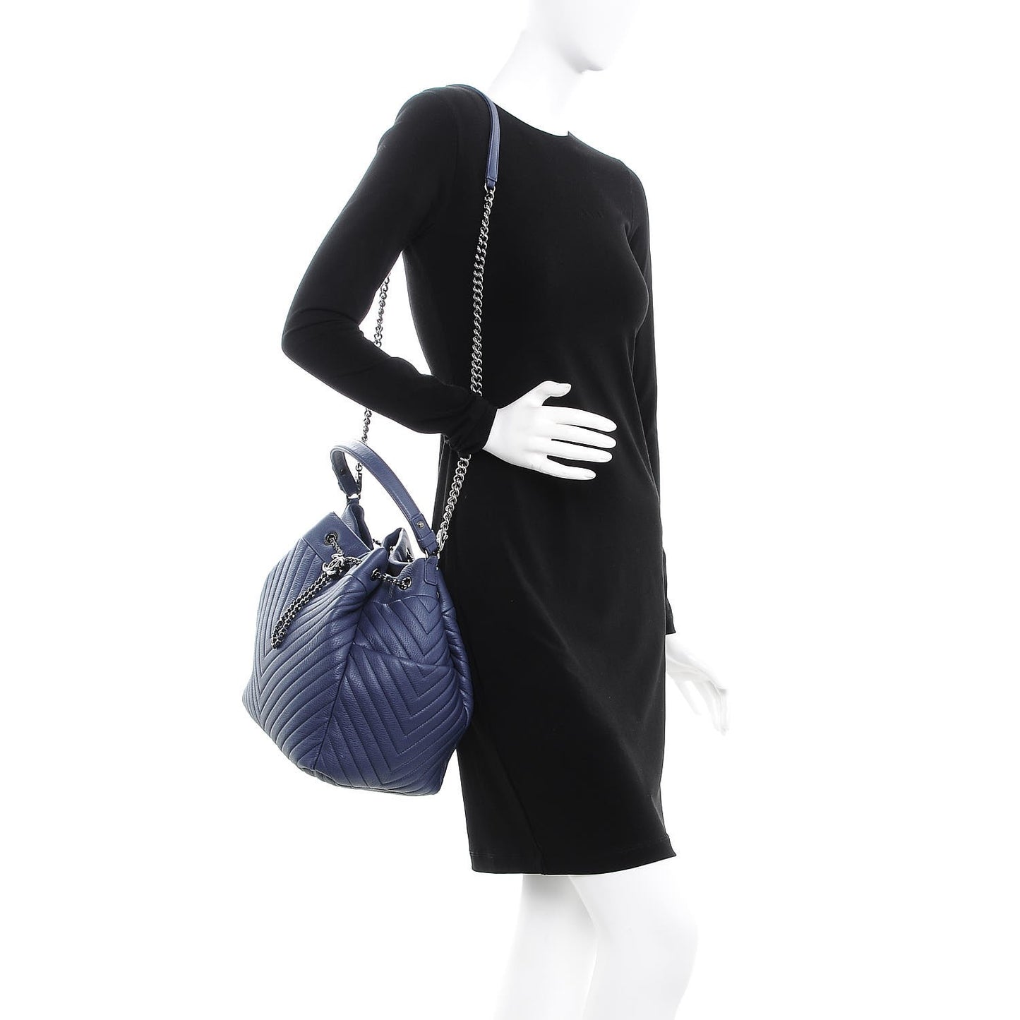 Deerskin Chevron Large CC Chain Bucket Drawstring Bag Blue