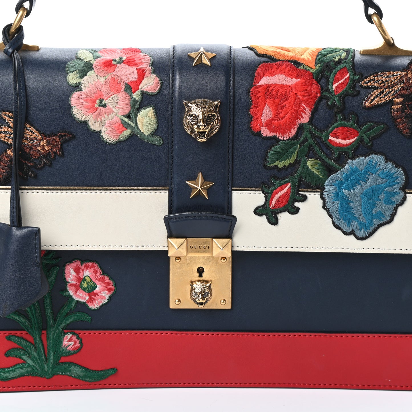 Calfskin Embroidered Riche Stripe Shoulder Bag Blue Red