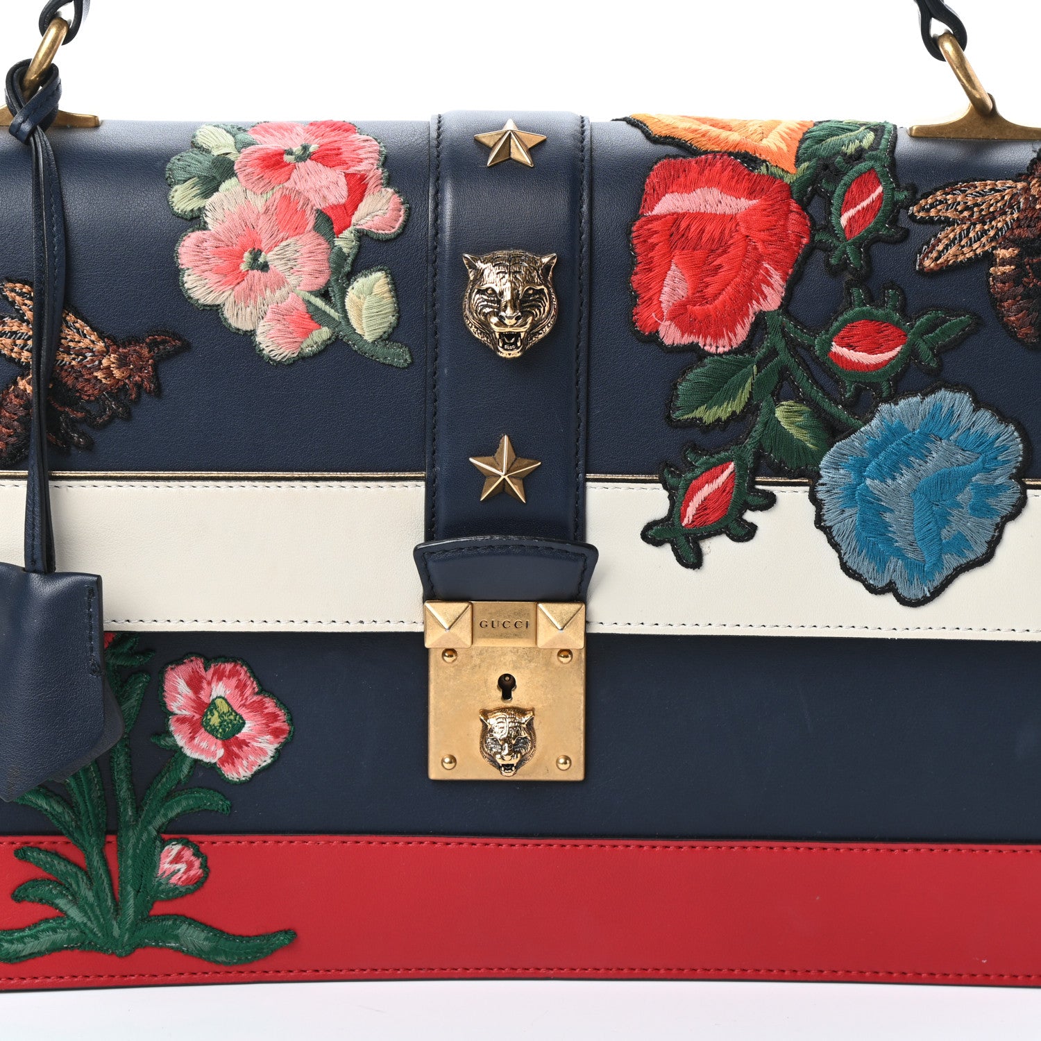 Gucci Calfskin Embroidered Riche Stripe Shoulder Bag Blue Red 7 of 9