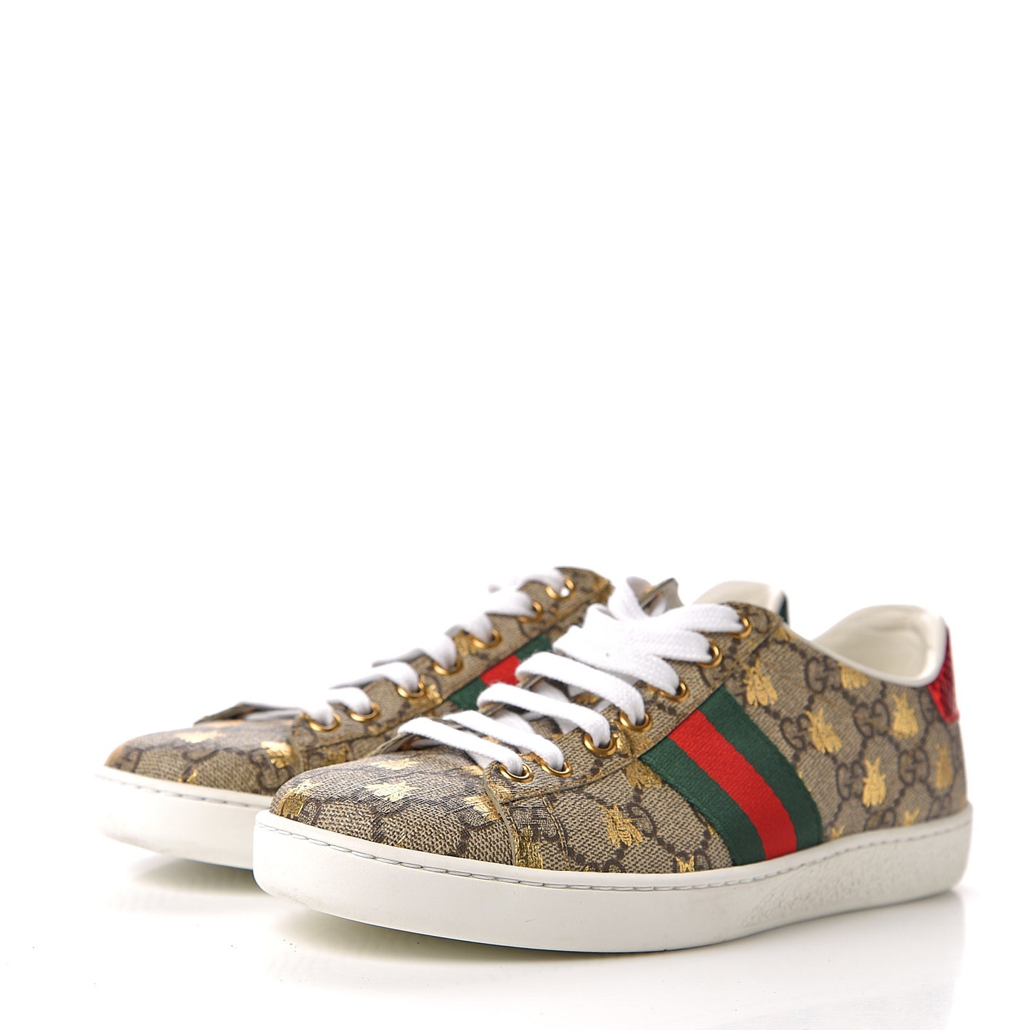 GG Supreme Monogram Bees Ayers Web Womens Ace Sneakers 37 Beige Oro Green Red