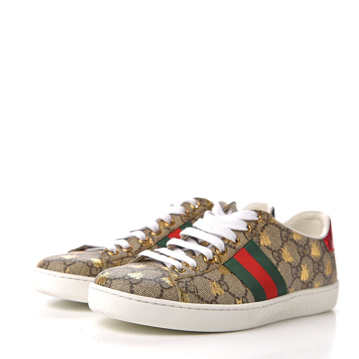 Gucci GG Supreme Monogram Bees Ayers Web Womens Ace Sneakers 37 Beige Oro Green Red 3 of 10