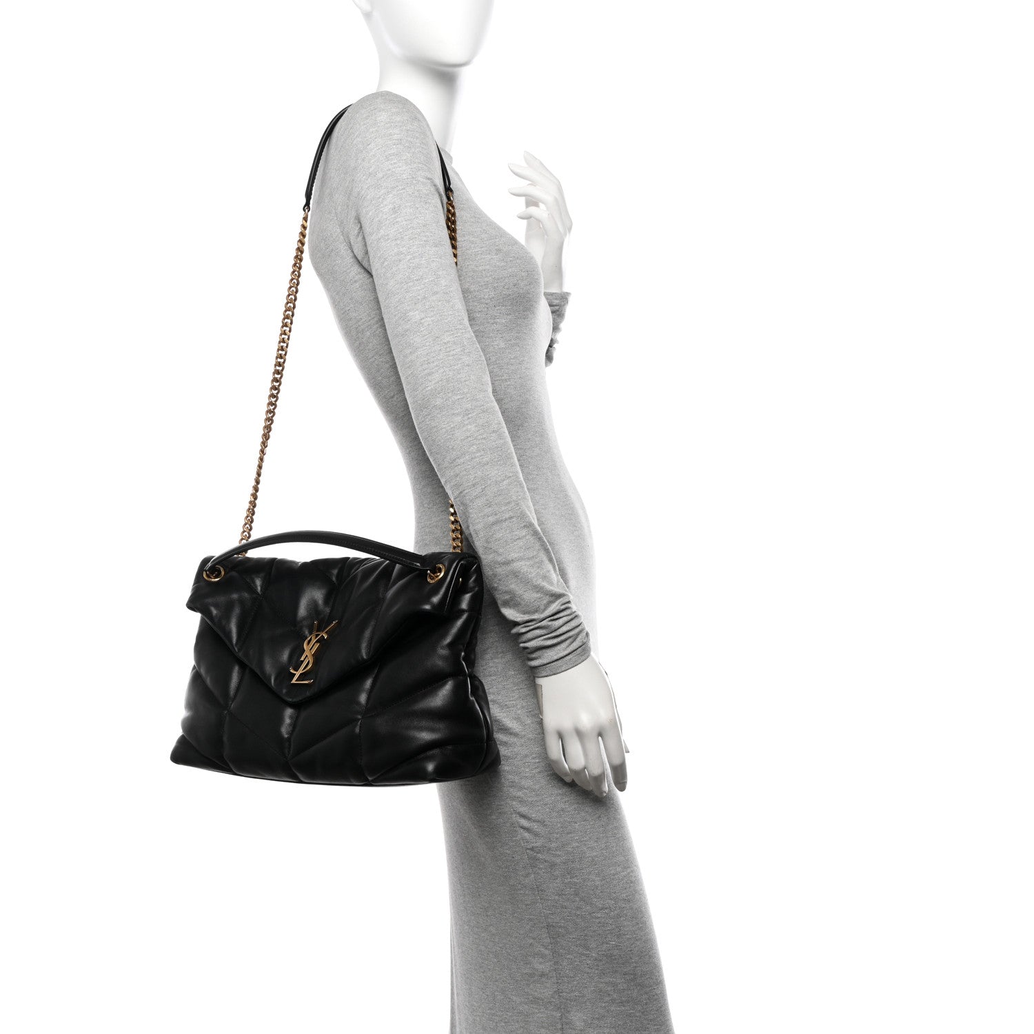 Saint Laurent Lambskin Quilted Medium Loulou Puffer Monogram Chain Satchel Black 2 of 12