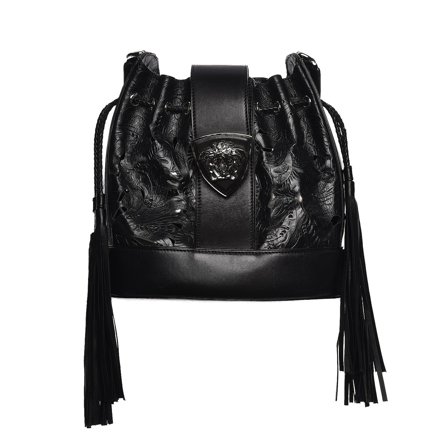 Calfskin Laser Cut Drawstring Bag Black
