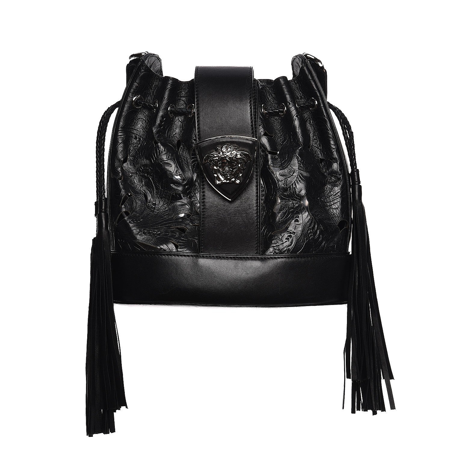 Versace Calfskin Laser Cut Drawstring Bag Black 1 of 9