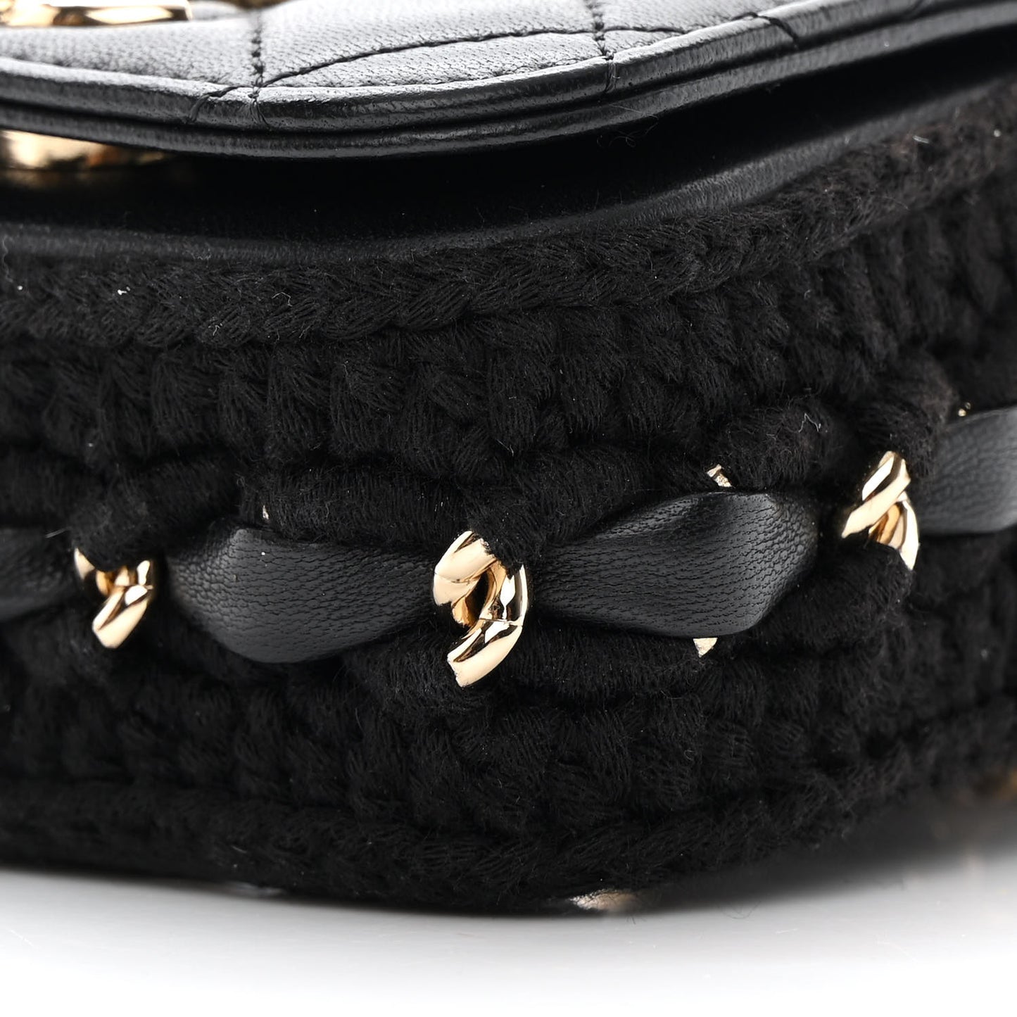 Calfskin Crochet Embroidered Quilted Mini Clutch with Chain Black