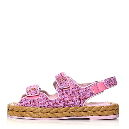 Chanel Tweed Lambskin Velcro Dad Sandals 38 Pink Multicolor 1 of 8