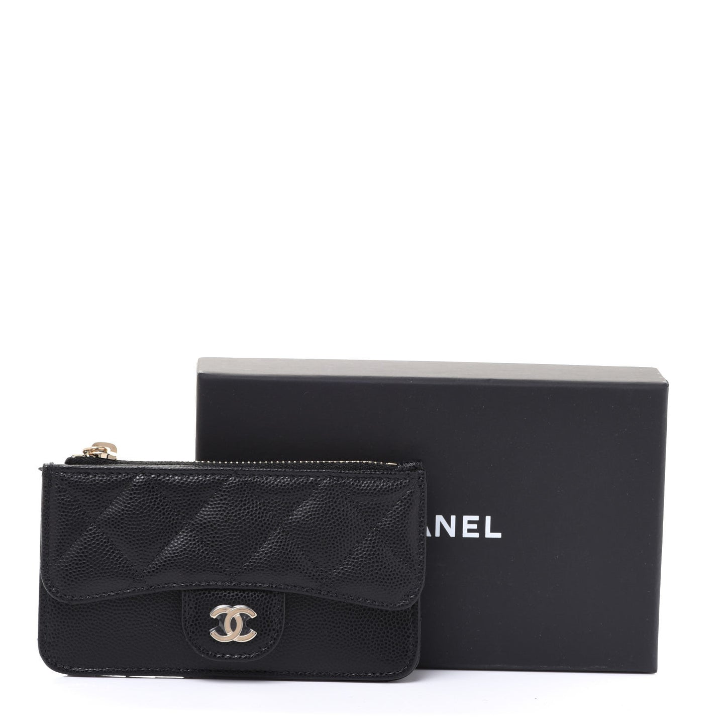Caviar Quilted Flap Zip Card Holder Black