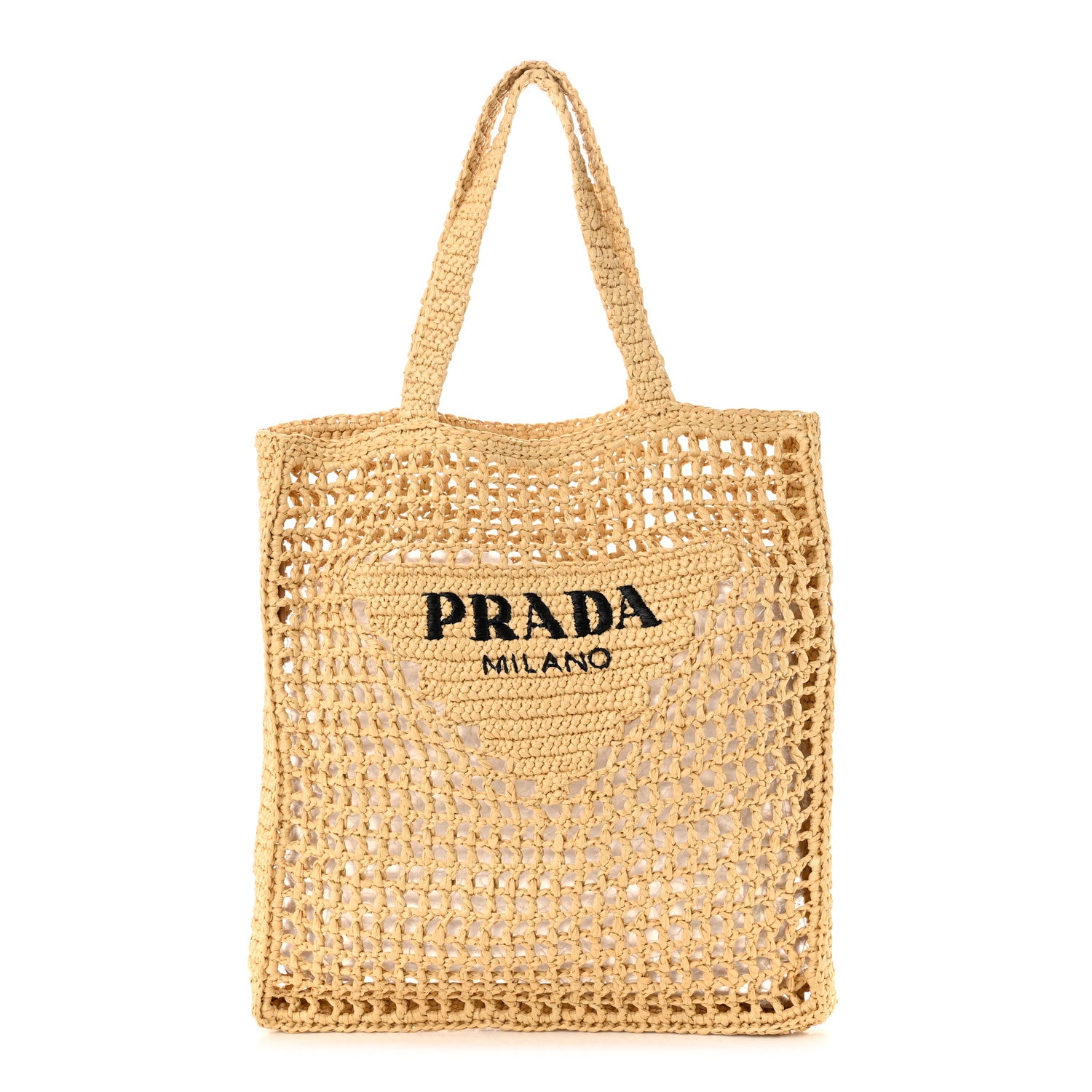 Prada Yarn Raffia Effect Crochet Logo Embroidered Tote Bag Naturale 1 of 10
