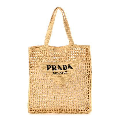 Prada Yarn Raffia Effect Crochet Logo Embroidered Tote Bag Naturale 1 of 10
