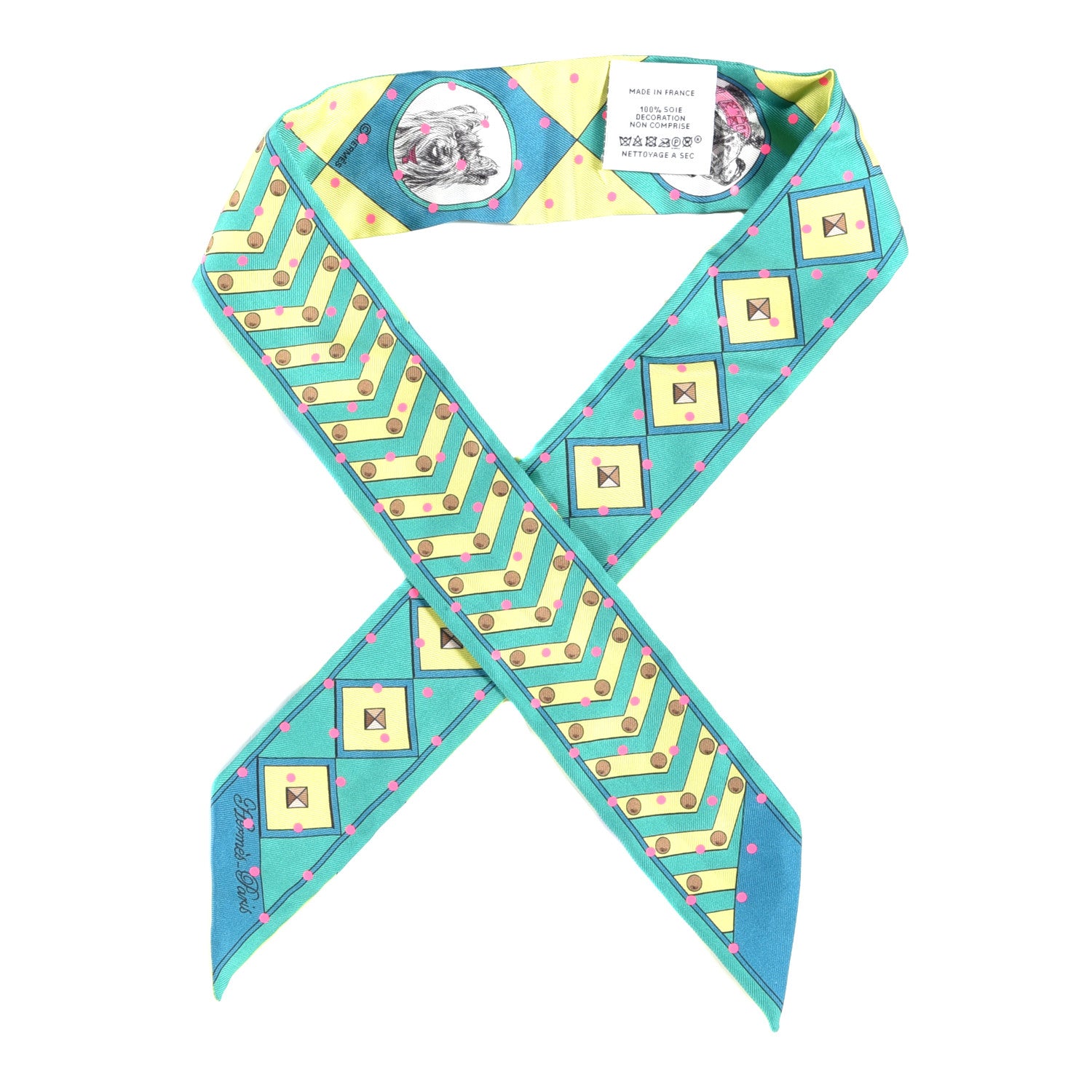 Hermes Silk Colliers Et Chiens Twilly Menthol Jaune Rose 1 of 3