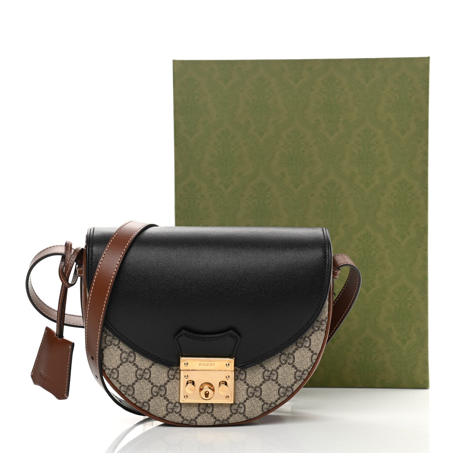 GG Supreme Monogram Calfskin Small Padlock Messenger Shoulder Bag Beige Black Cuir