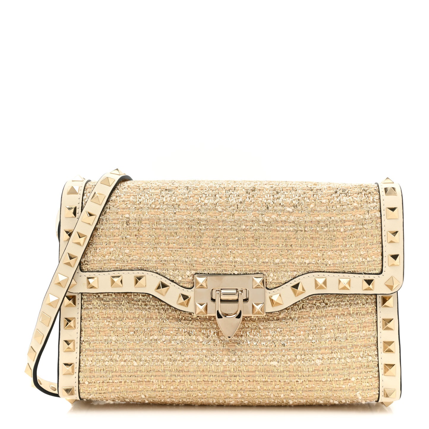 Metallic Boucle Raffia Calfskin Small Rockstud Flip Lock Crossbody Bag Ivory Gold