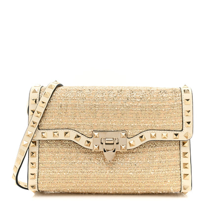 Valentino Garavani Metallic Boucle Raffia Calfskin Small Rockstud Flip Lock Crossbody Bag Ivory Gold 1 of 7