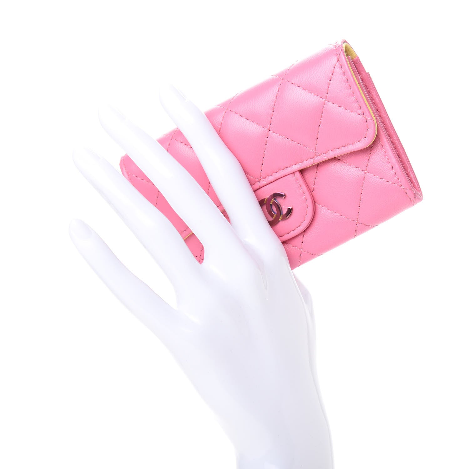 Chanel Lambskin Quilted Flap Card Holder Wallet Pink Yellow 2 of 9