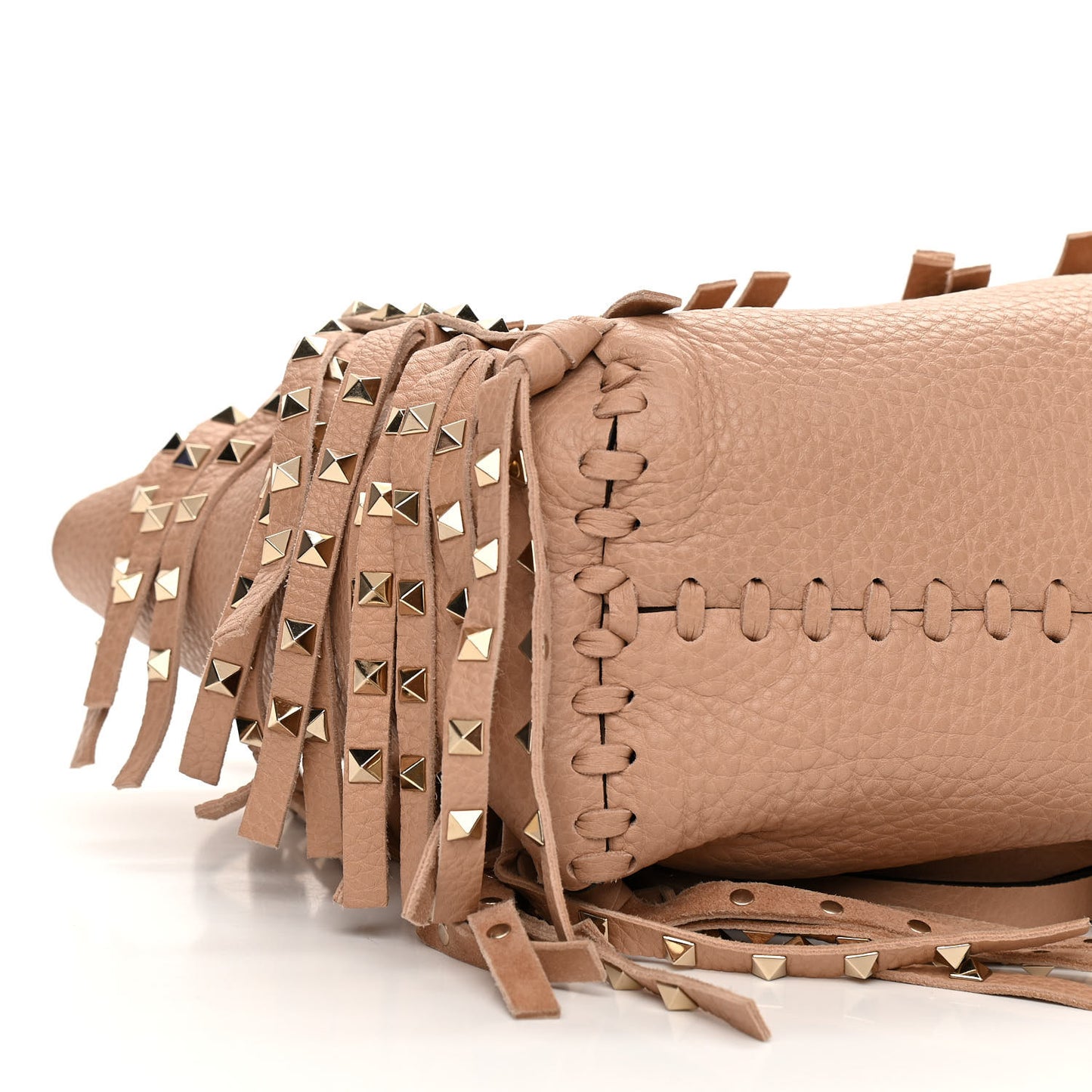 Grained Calfskin Small Rockstud C-Rockee Fringe Tote Poudre