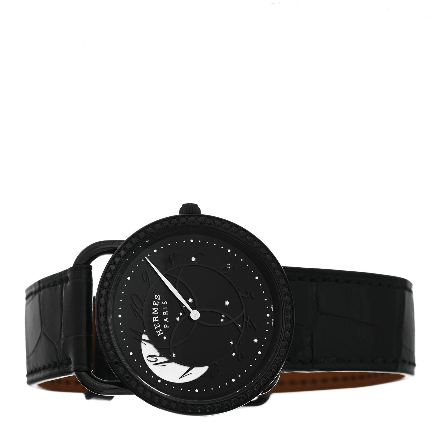 PVD Stainless Steel Alligator Black Diamond 36mm Arceau Ronde Des Heures Quartz Watch Noir