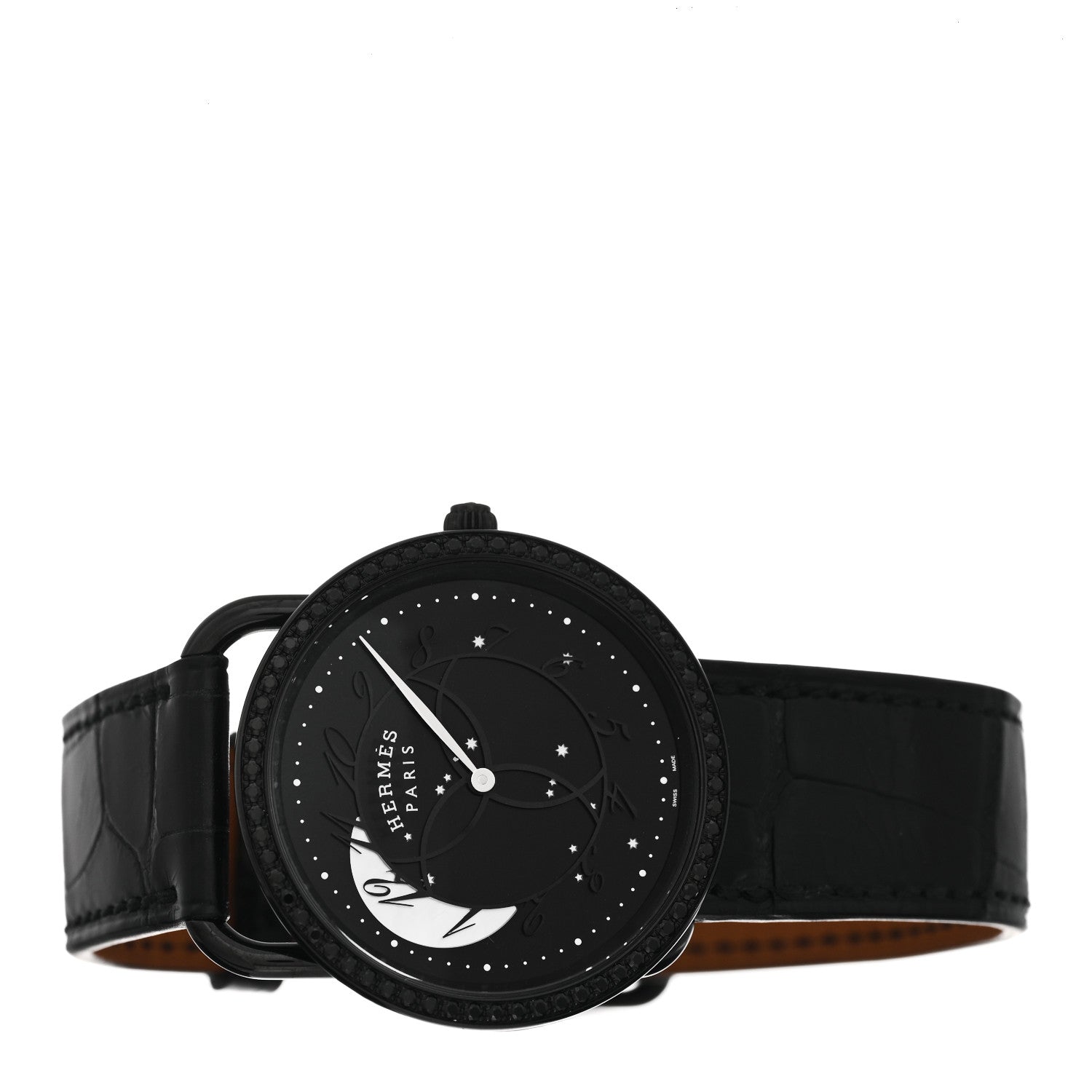 Hermes PVD Stainless Steel Alligator Black Diamond 36mm Arceau Ronde Des Heures Quartz Watch Noir 2 of 4