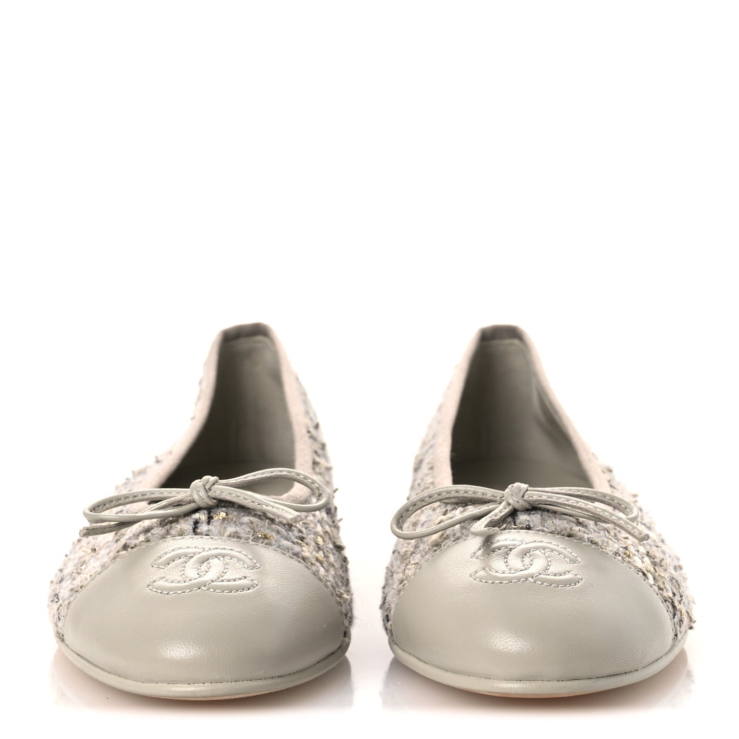 Wool Cotton Tweed Lambskin Cap Toe Ballerina Flats 37 Gray Black Gold