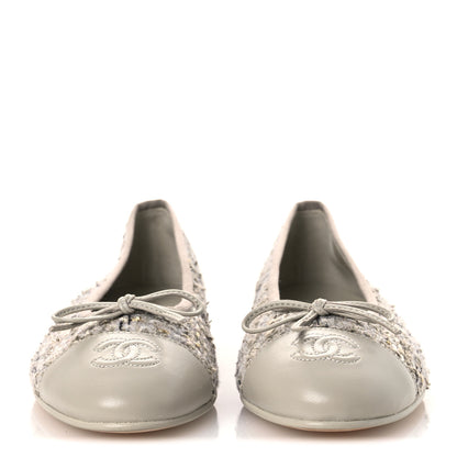 Chanel Wool Cotton Tweed Lambskin Cap Toe Ballerina Flats 37 Gray Black Gold 3 of 11