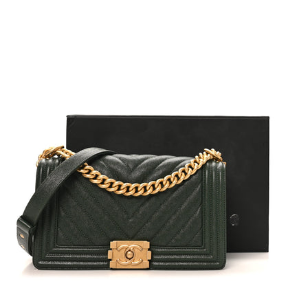 Chanel Caviar Chevron Quilted Medium Boy Flap Dark Green 11 of 11