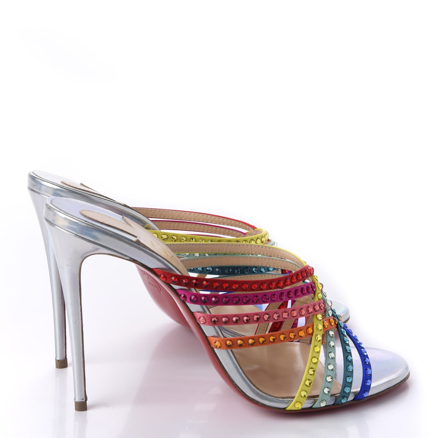 Specchio Calfskin Crystal Marthastrass 100 Slide Sandals 39 Silver Multicolor
