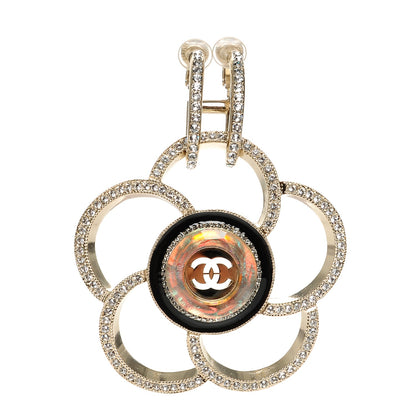 Chanel Resin Crystal CC Camellia Drop Single Clip On Earring Gold Black 1 of 4