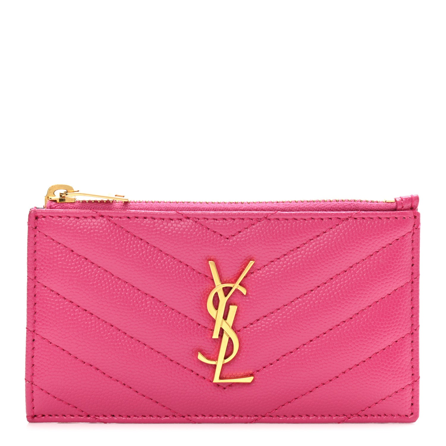 Saint Laurent Grain De Poudre Matelasse Chevron Monogram Fragments Zippered Card Case Fresh Fuxia 1 of 6