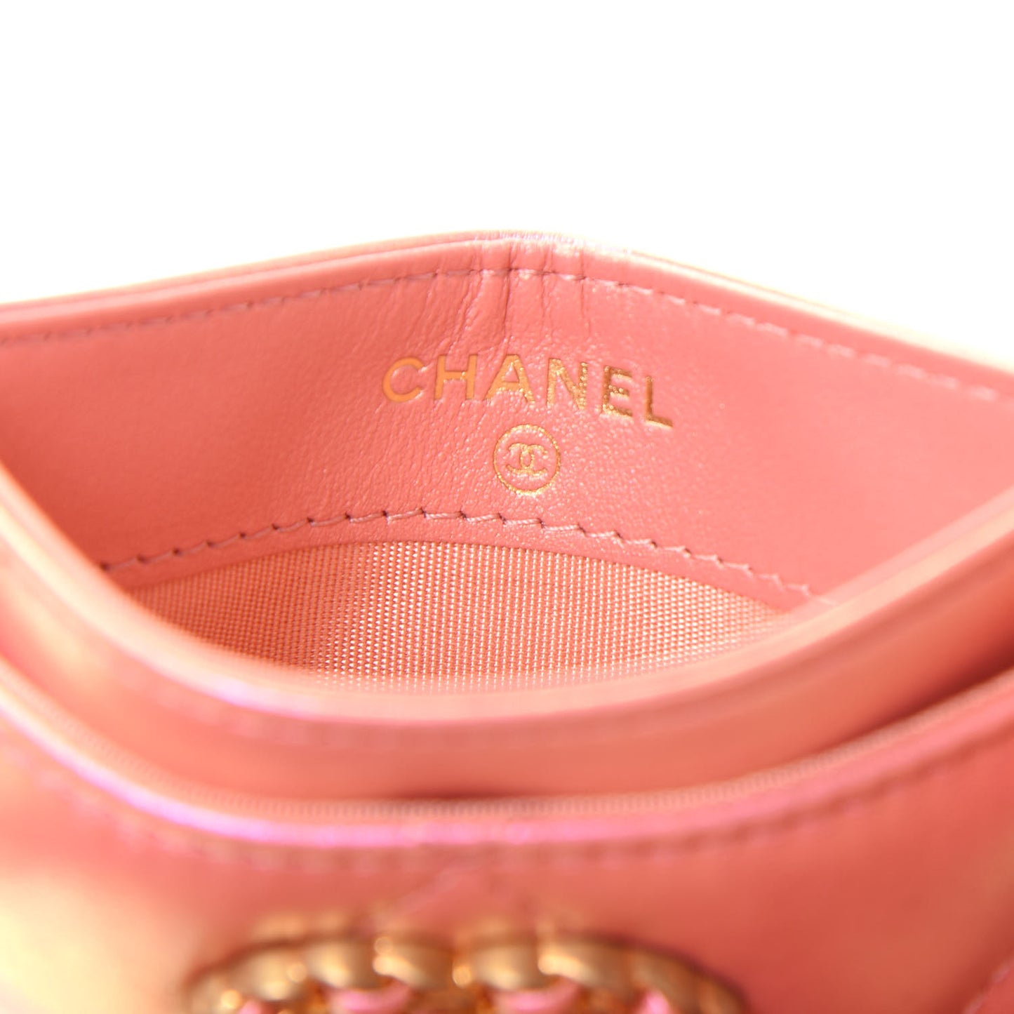 Iridescent Calfskin Quilted Chanel 19 Card Holder Pink