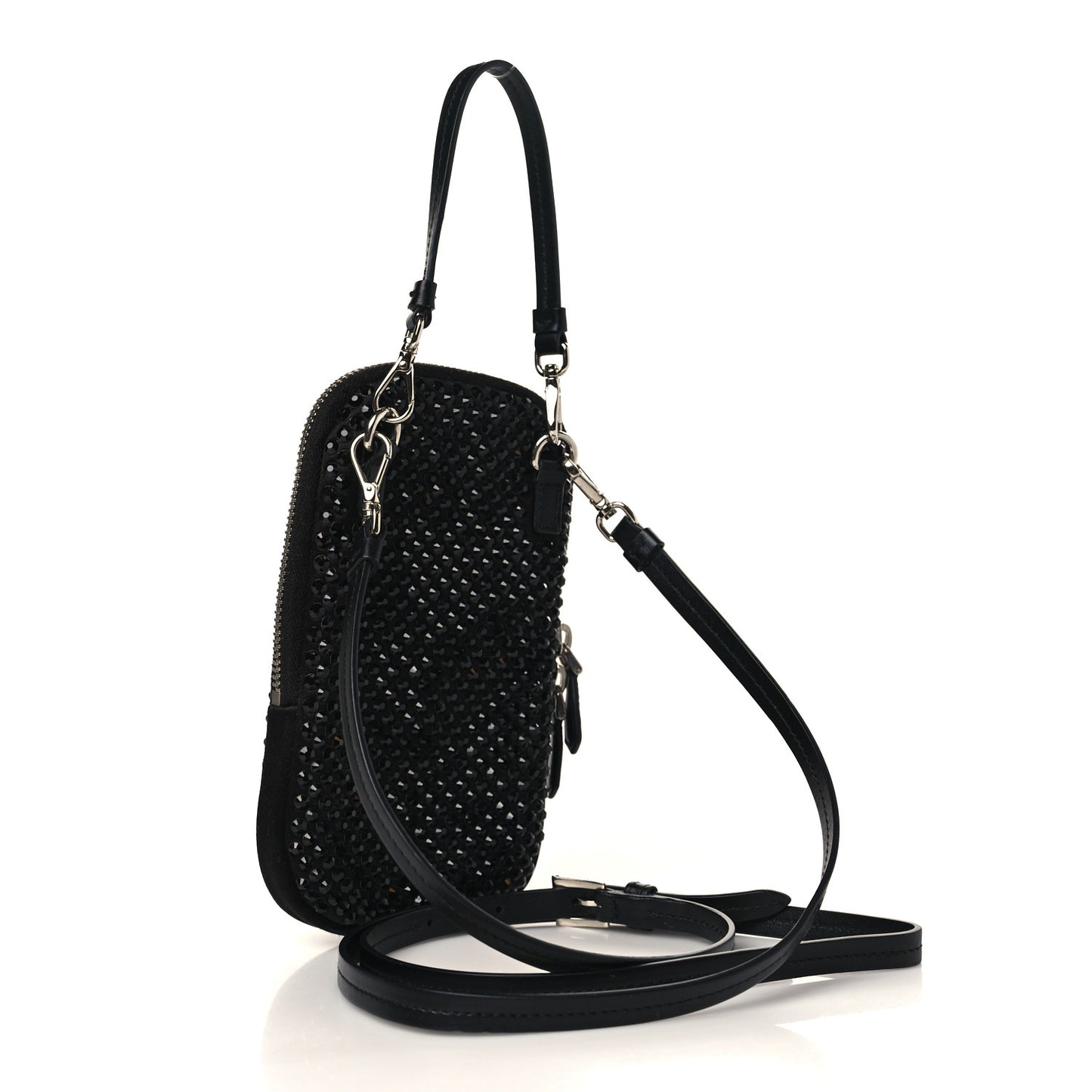 Satin Crystal Zip Phone Case Crossbody Bag Black