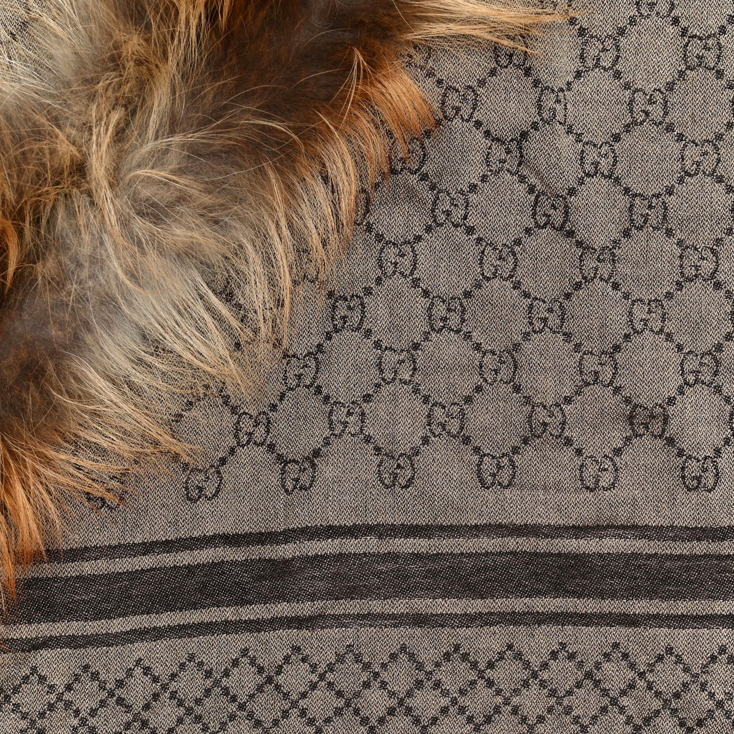 Gucci Wool Silk Fox Fur Monogram Shawl Scarf Brown 2 of 4