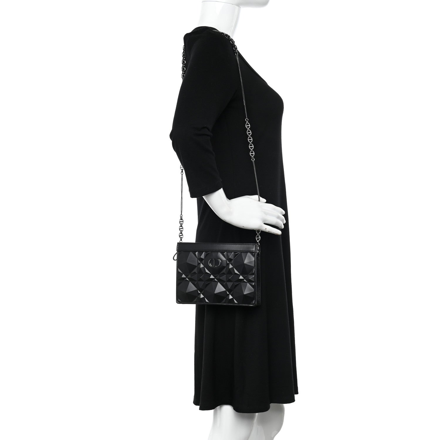 Christian Dior Calfskin Macrocannage Diamond Caro Zipped Pouch With Chain Black 2 of 9