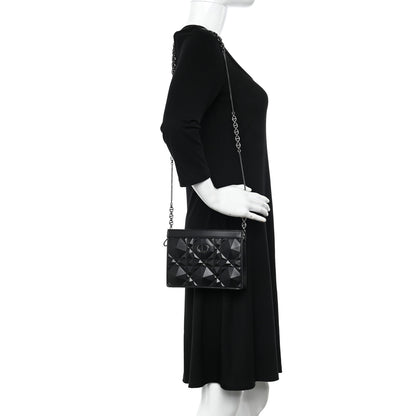Christian Dior Calfskin Macrocannage Diamond Caro Zipped Pouch With Chain Black 2 of 9