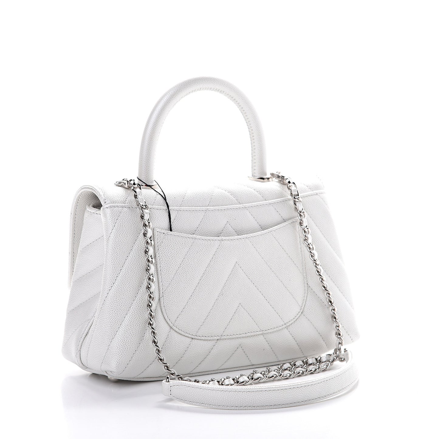 Iridescent Caviar Chevron Quilted Mini Coco Handle Flap White